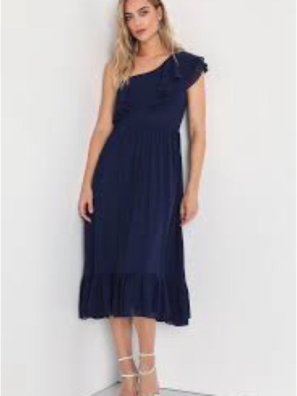 Lulus dress NWT women’s large, navy blue cold shoulder ruffle